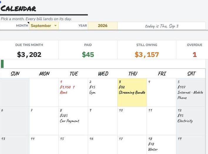 Bill Calendar — Calendar — every bill on the day it lands, with the day’s total and what it is for