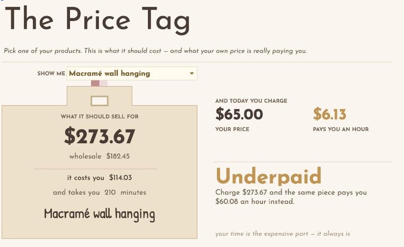 Craft Pricing Calculator — The Price Tag — what it should sell for, what you charge, and what that is really paying you an hour