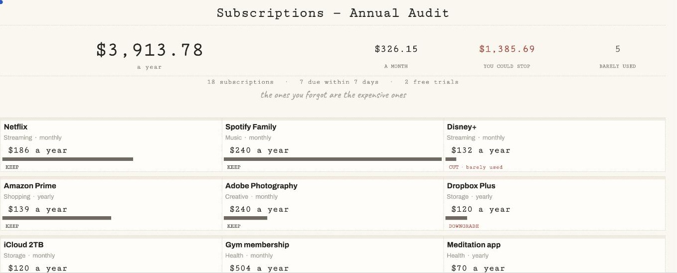Subscription Audit Tracker — The Audit — what a year of your subscriptions costs, and what you could stop spending today